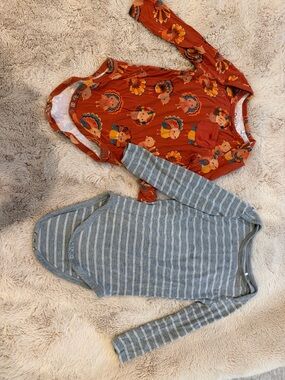 Little Sleepies Rust Orange Turkey Print & Gray Stripe Long-Sleeve One-Piece Duo